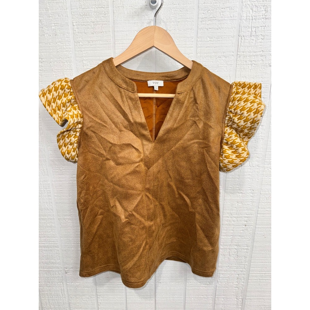 VOY Blouse Women Brown Faux Suede Houndstooth Ruffle Sleeve V-Neck Top Size M